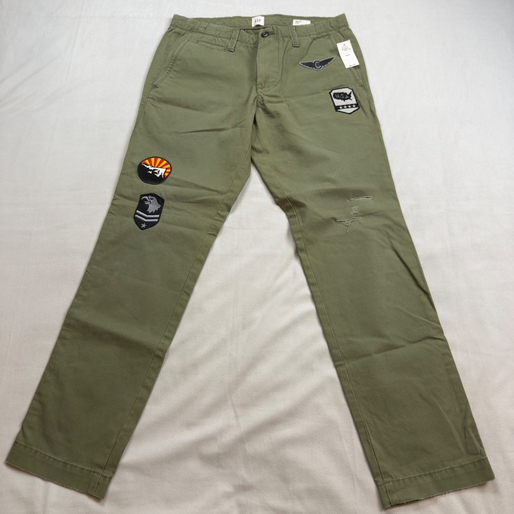 GAP Mens Slim Fit Military Patches Chino Pants 30x30 Olive Green‎ NWT - Picture 2 of 10